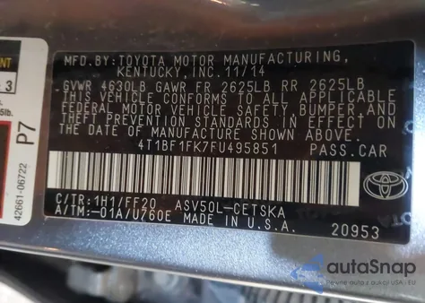 2015 Toyota Camry Se z USA, uszkodzony, nr VIN 4T1BF1FK7FU495851